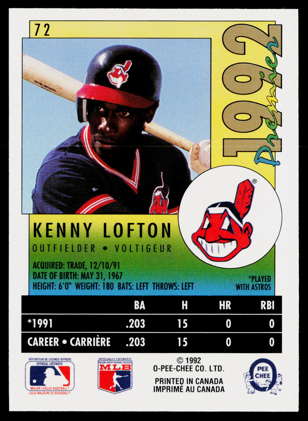 Kenny Lofton 1992 O-Pee-Chee Premier #72 Cleveland Indians