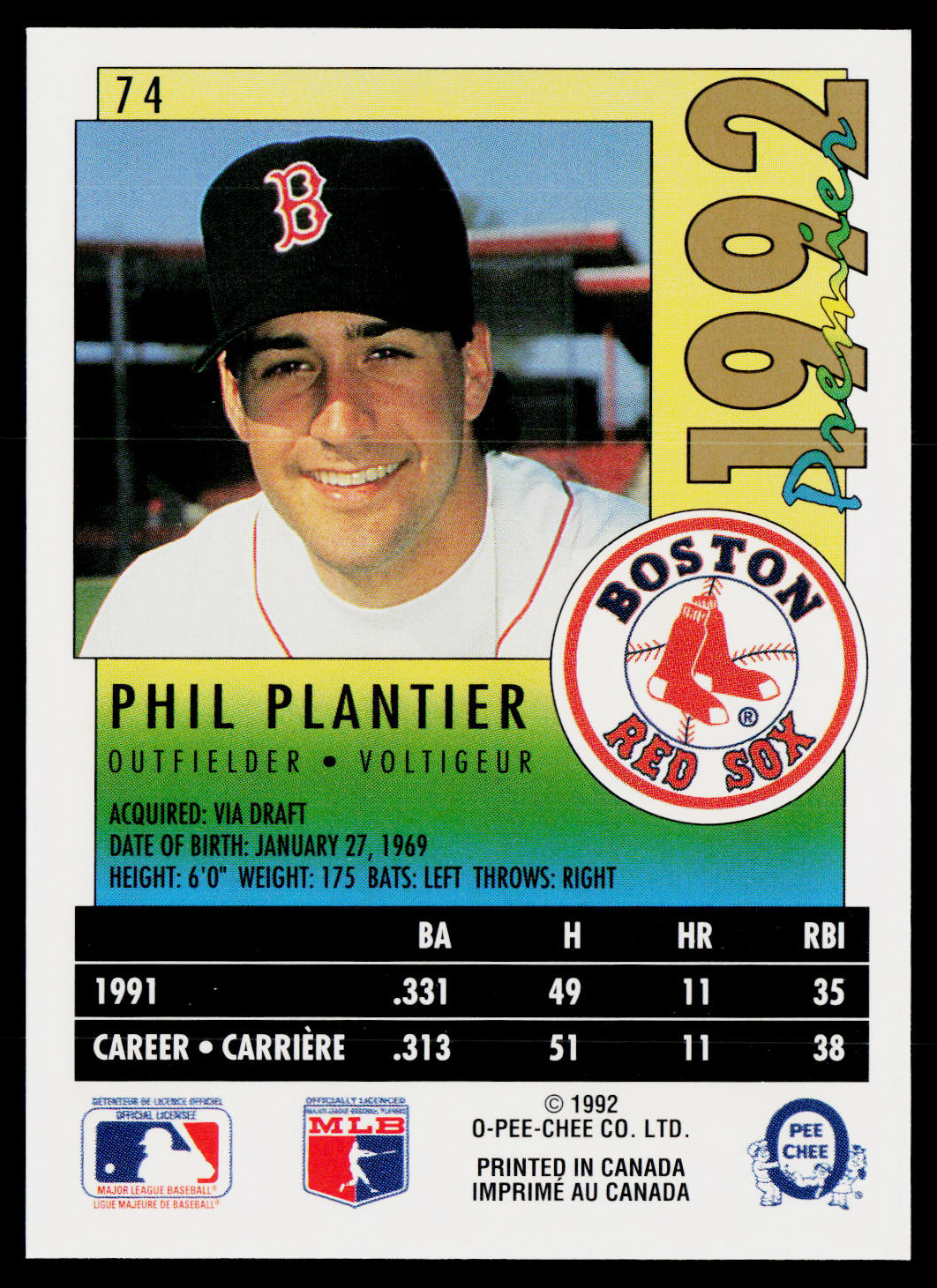 Phil Plantier 1992 O-Pee-Chee Premier #74 Boston Red Sox