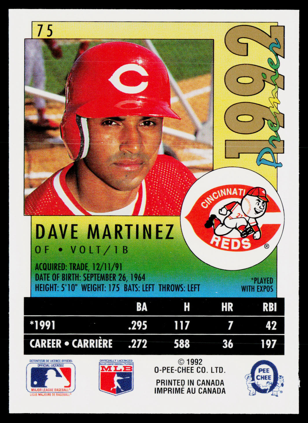 Dave Martinez 1992 O-Pee-Chee Premier #75 Cincinnati Reds