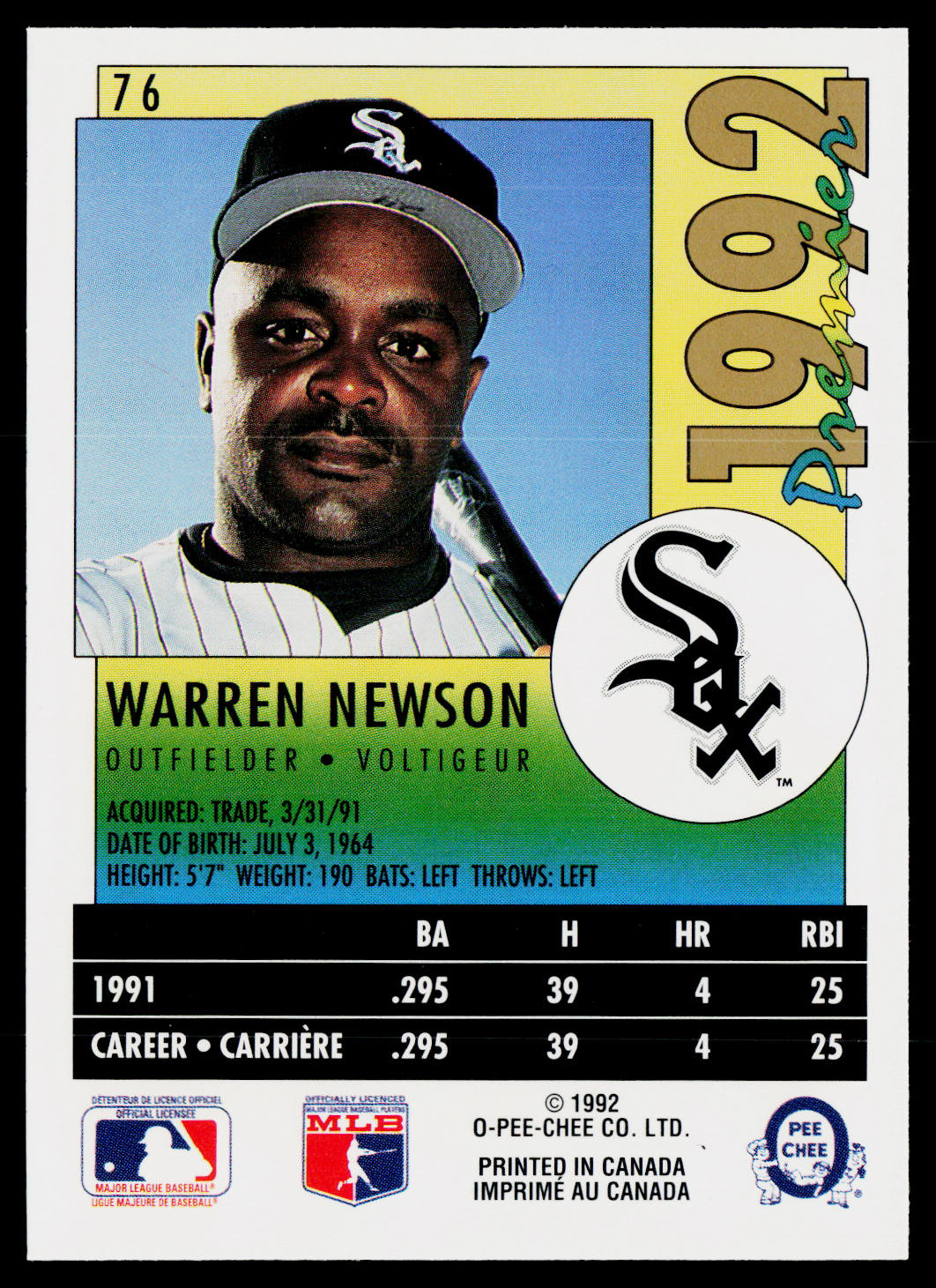 Warren Newson 1992 O-Pee-Chee Premier #76 RC Chicago White Sox