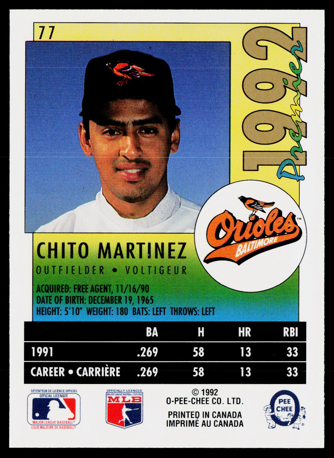 Chito Martinez 1992 O-Pee-Chee Premier #77 RC Baltimore Orioles