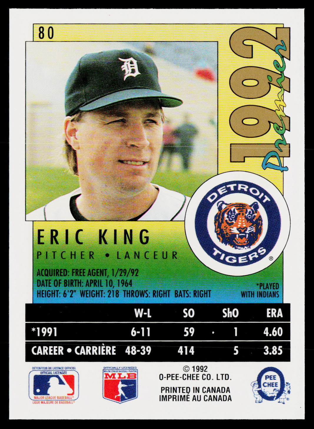 Eric King 1992 O-Pee-Chee Premier #80 Detroit Tigers