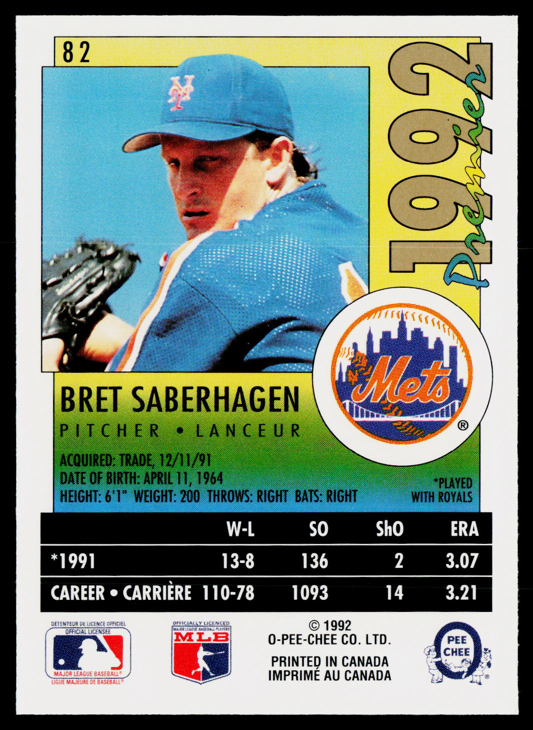 Bret Saberhagen 1992 O-Pee-Chee Premier #82 New York Mets