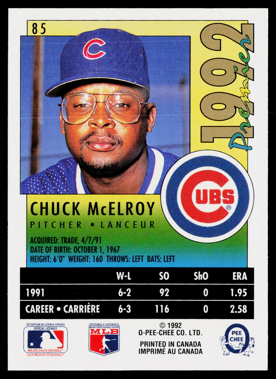 Chuck McElroy 1992 O-Pee-Chee Premier #85 Chicago Cubs