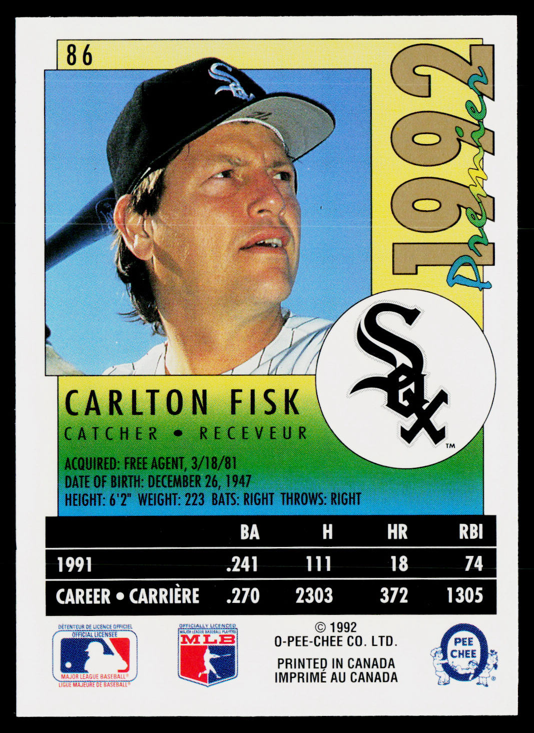 Carlton Fisk 1992 O-Pee-Chee Premier #86 Chicago White Sox