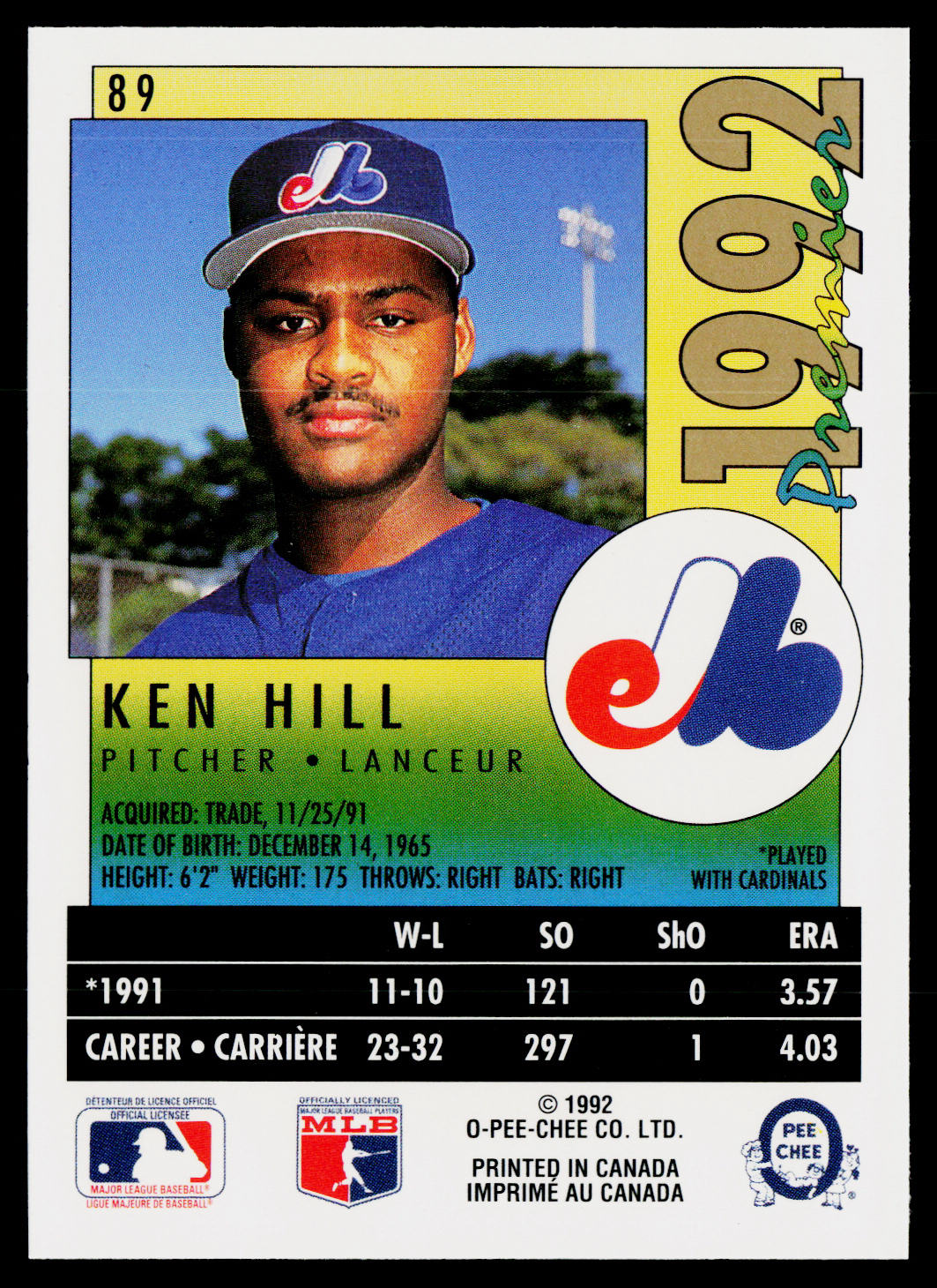 Ken Hill 1992 O-Pee-Chee Premier #89 Montreal Expos