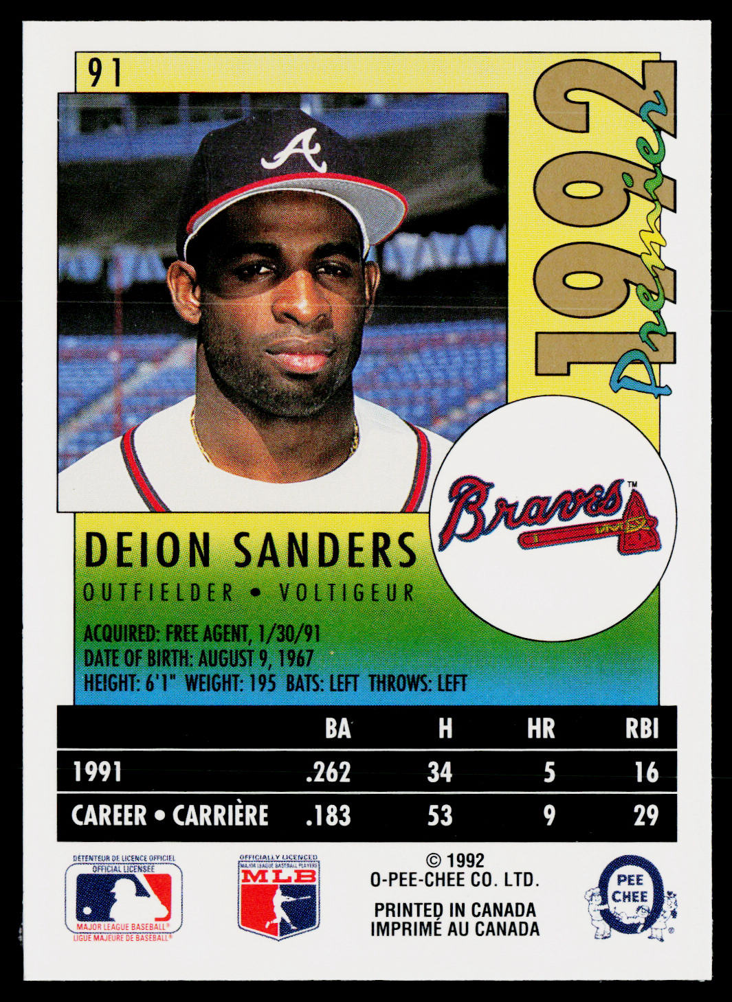 Deion Sanders 1992 O-Pee-Chee Premier #91 Atlanta Braves
