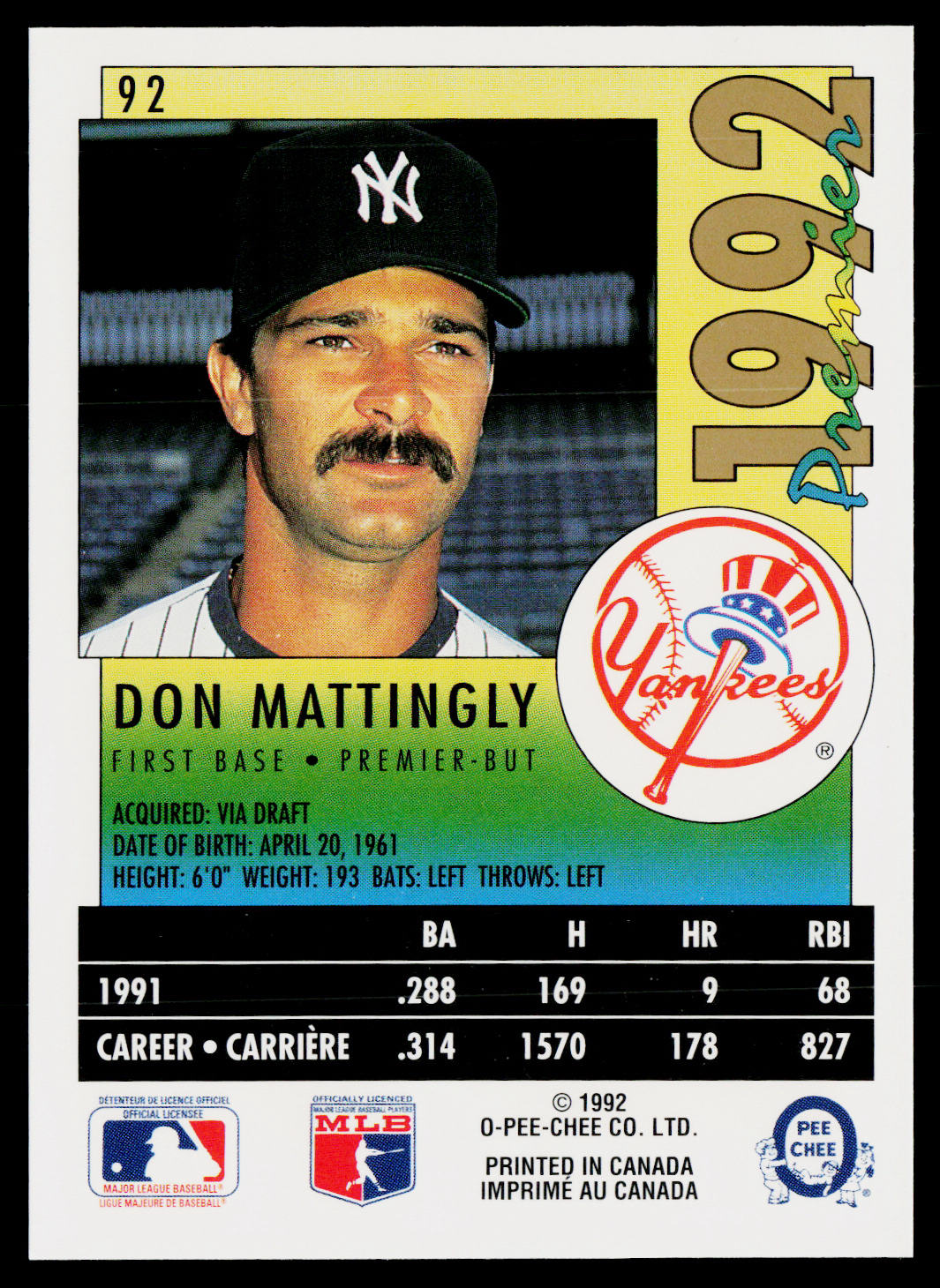 Don Mattingly 1992 O-Pee-Chee Premier #92 New York Yankees