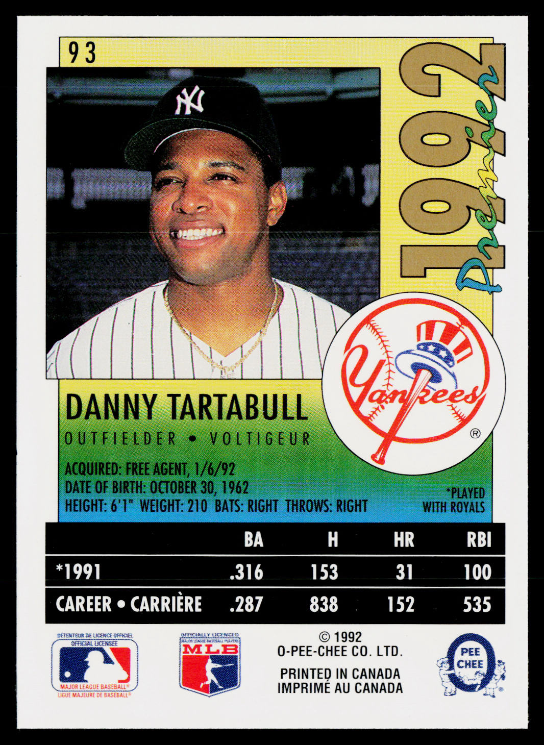 Danny Tartabull 1992 O-Pee-Chee Premier #93 New York Yankees