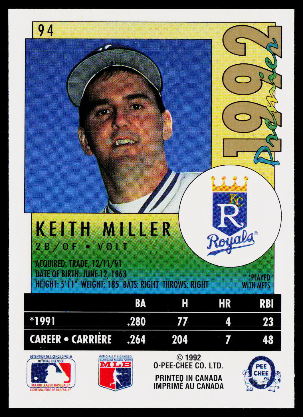 Keith Miller 1992 O-Pee-Chee Premier #94 Kansas City Royals