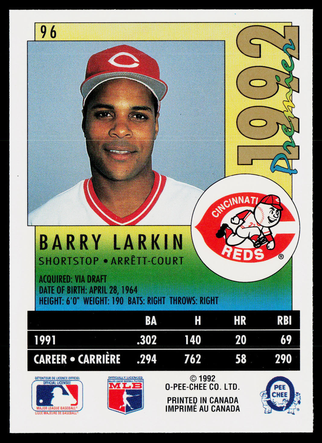 Barry Larkin 1992 O-Pee-Chee Premier #96 Cincinnati Reds