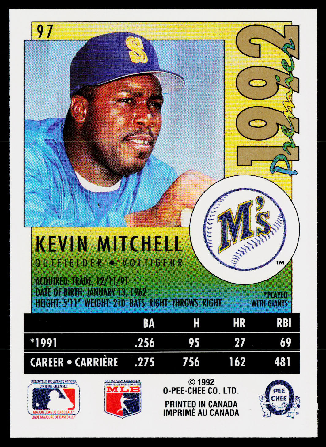 Kevin Mitchell 1992 O-Pee-Chee Premier #97 Seattle Mariners