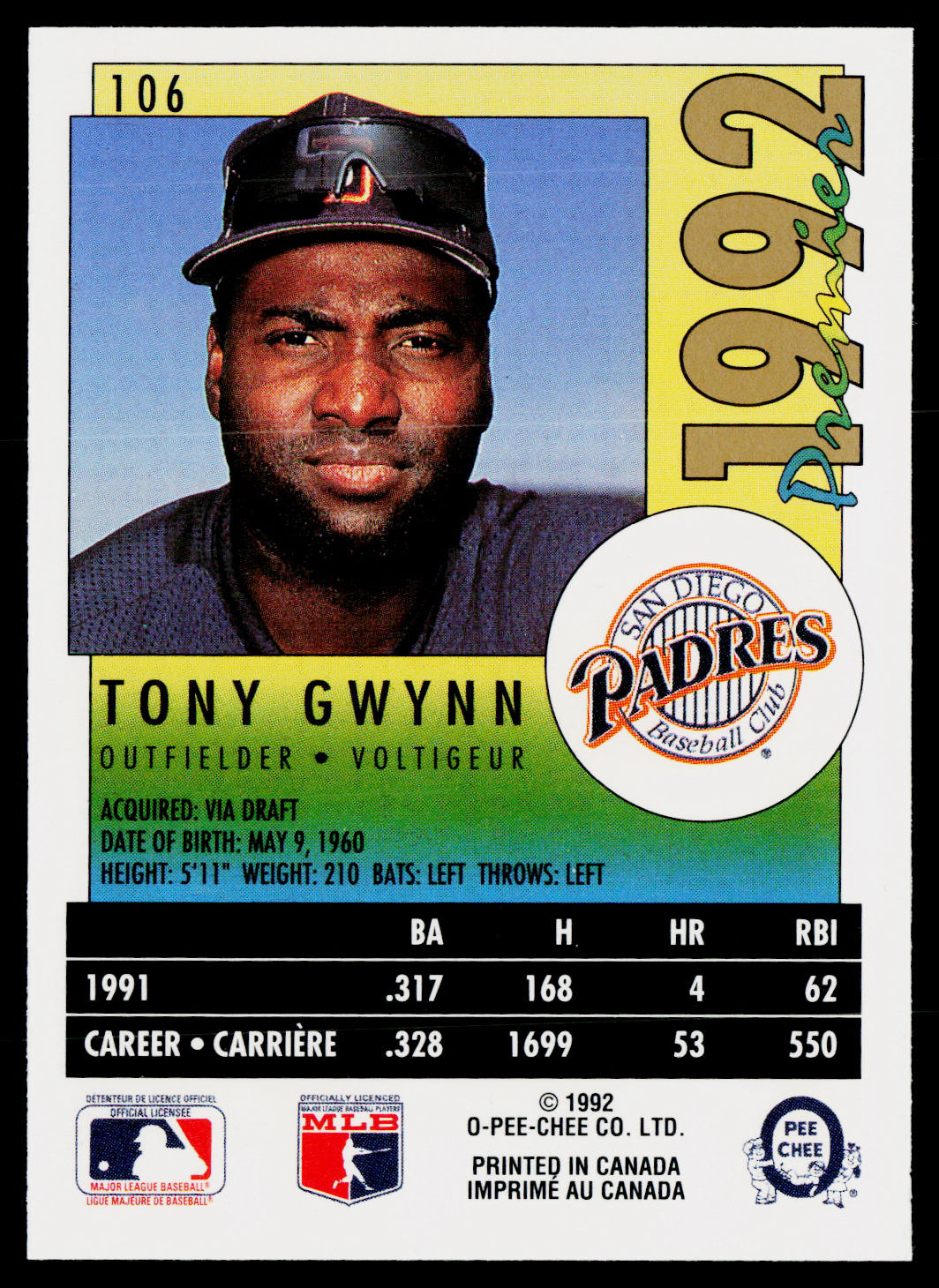 Tony Gwynn 1992 O-Pee-Chee Premier #106 San Diego Padres