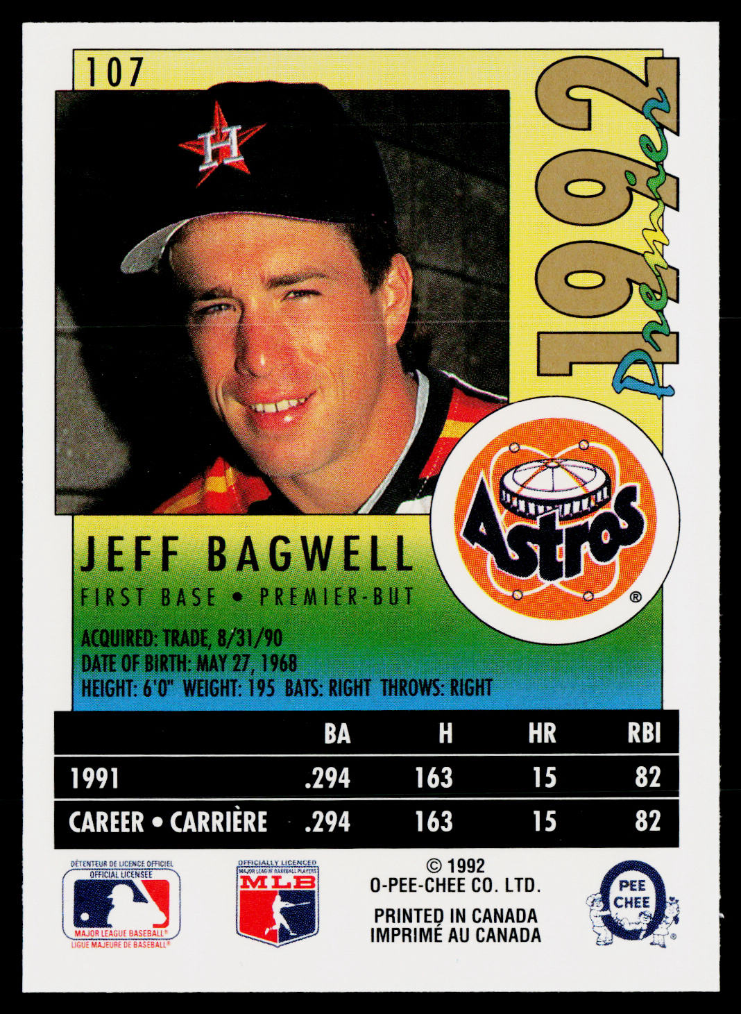 Jeff Bagwell 1992 O-Pee-Chee Premier #107 Houston Astros