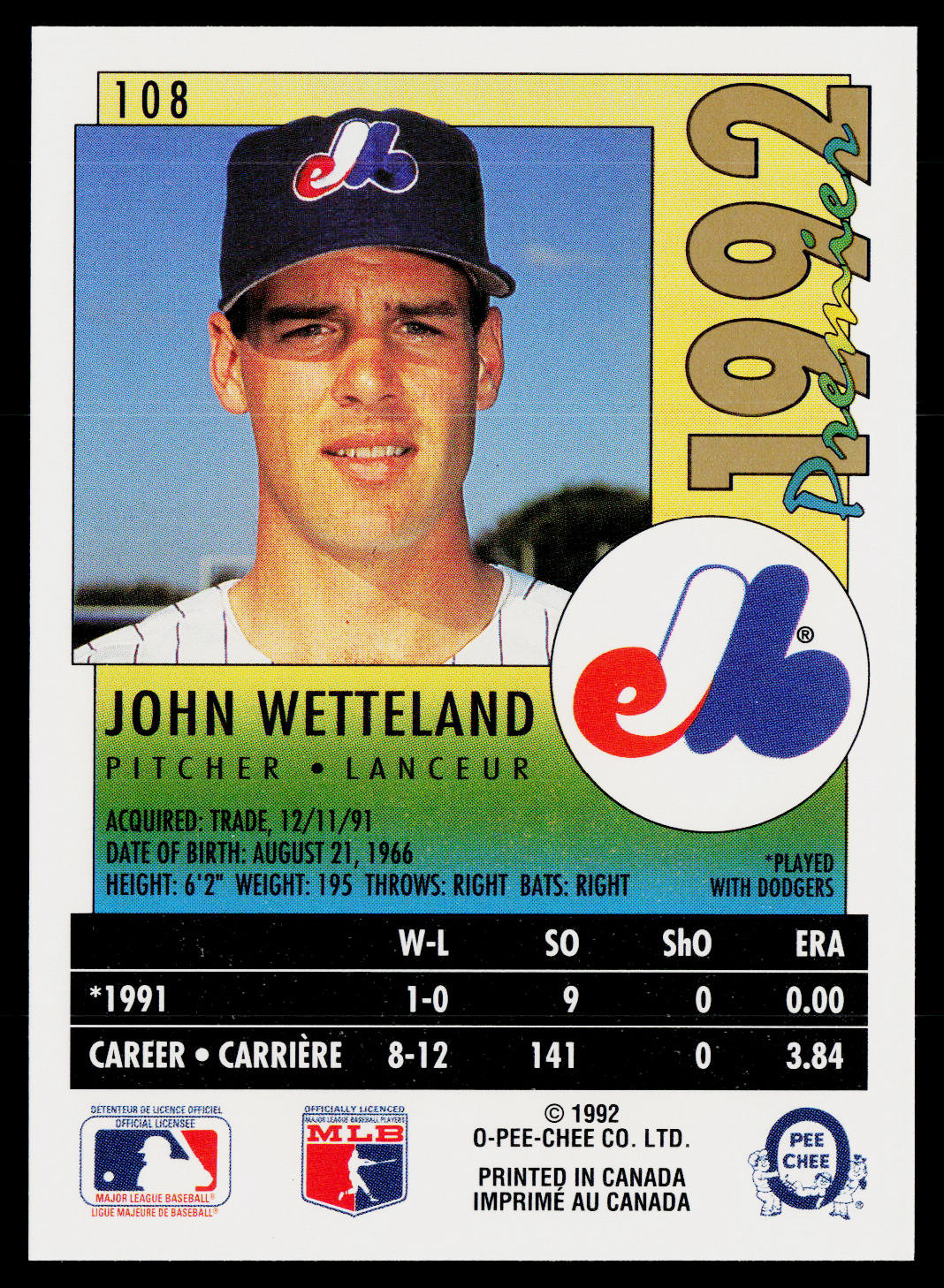 John Wetteland 1992 O-Pee-Chee Premier #108 Montreal Expos