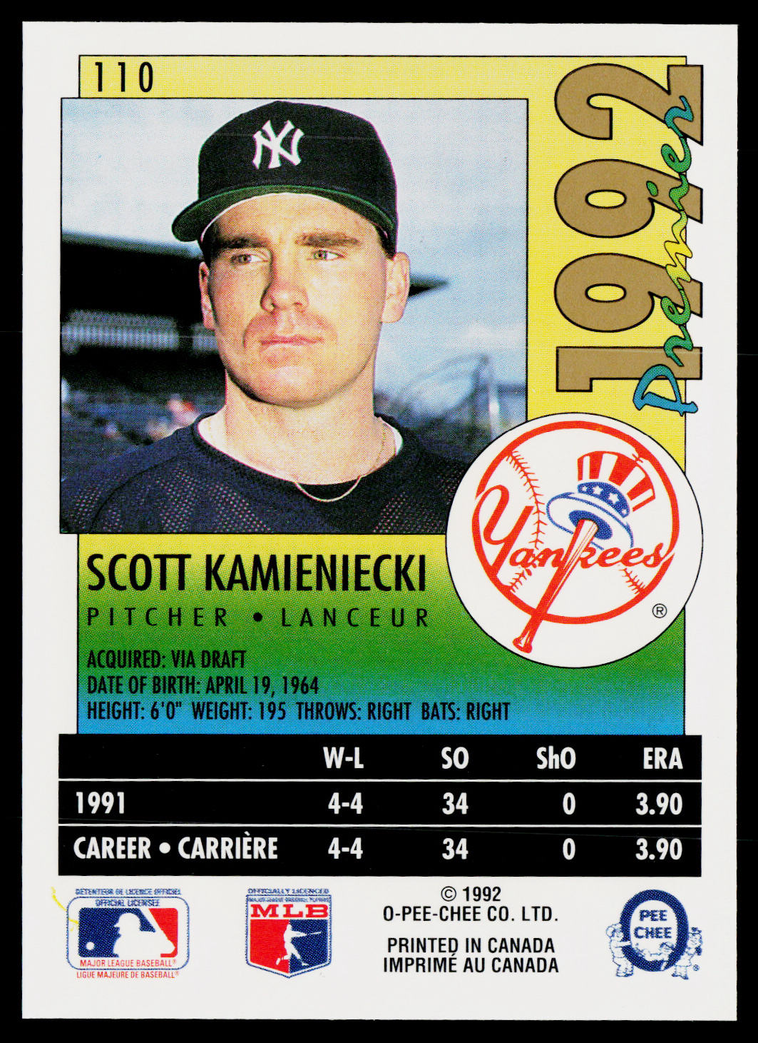 Scott Kamieniecki 1992 O-Pee-Chee Premier #110 New York Yankees