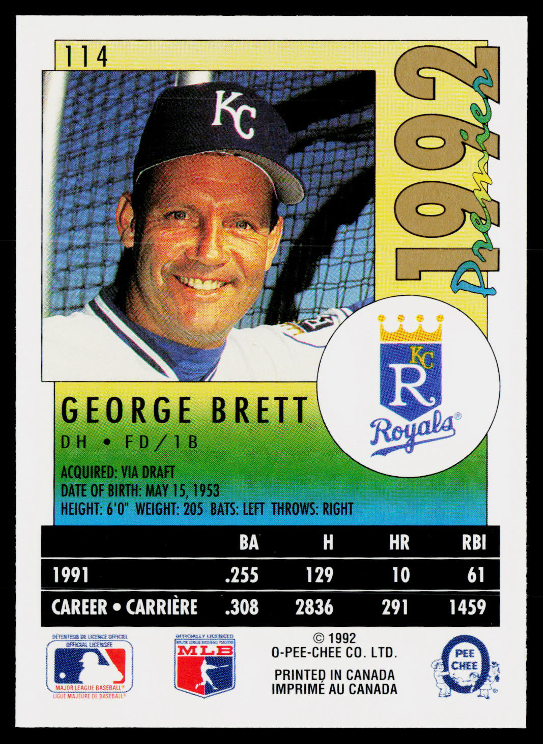 George Brett 1992 O-Pee-Chee Premier #114 Kansas City Royals