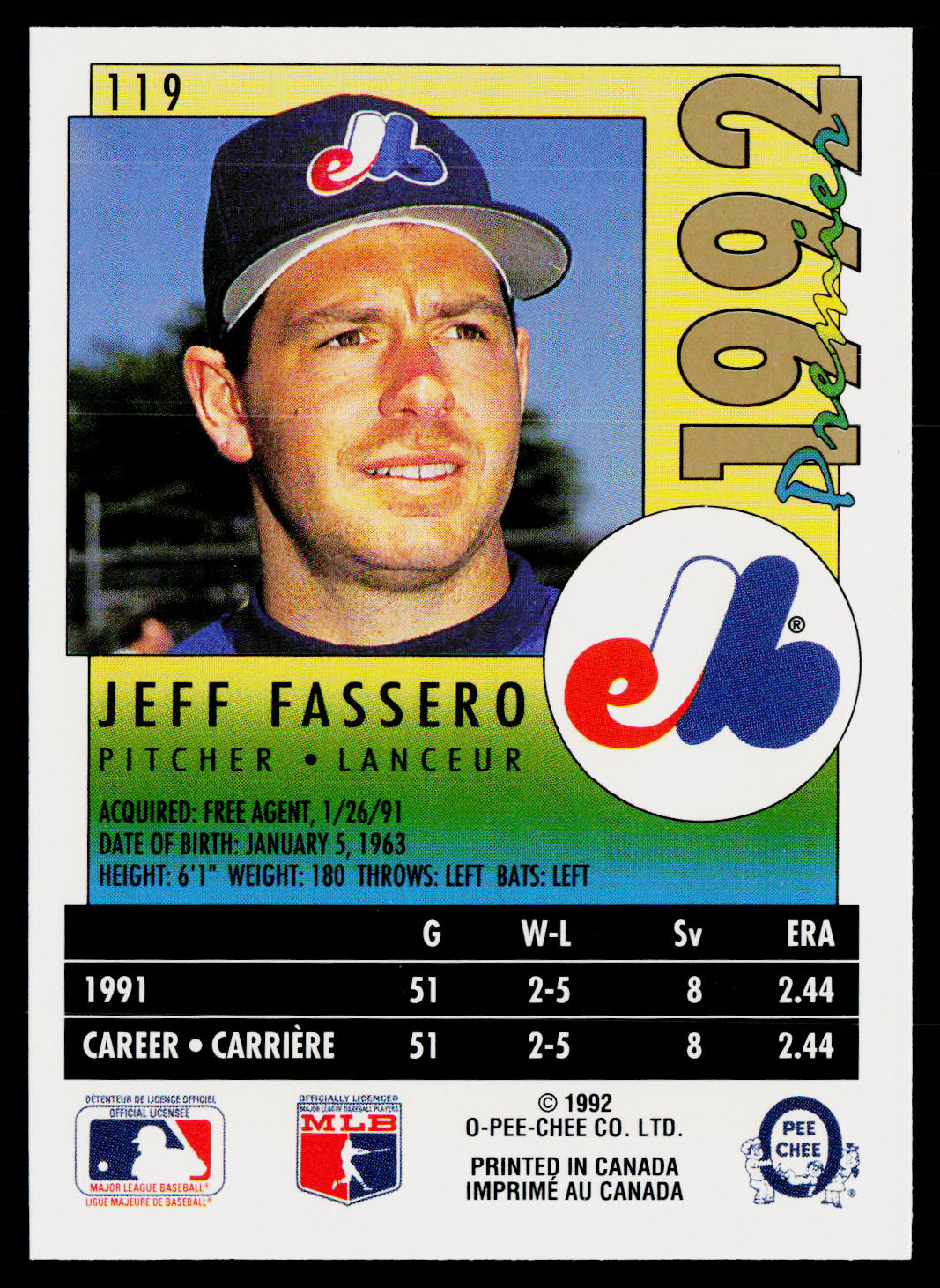 Jeff Fassero 1992 O-Pee-Chee Premier #119 Montreal Expos