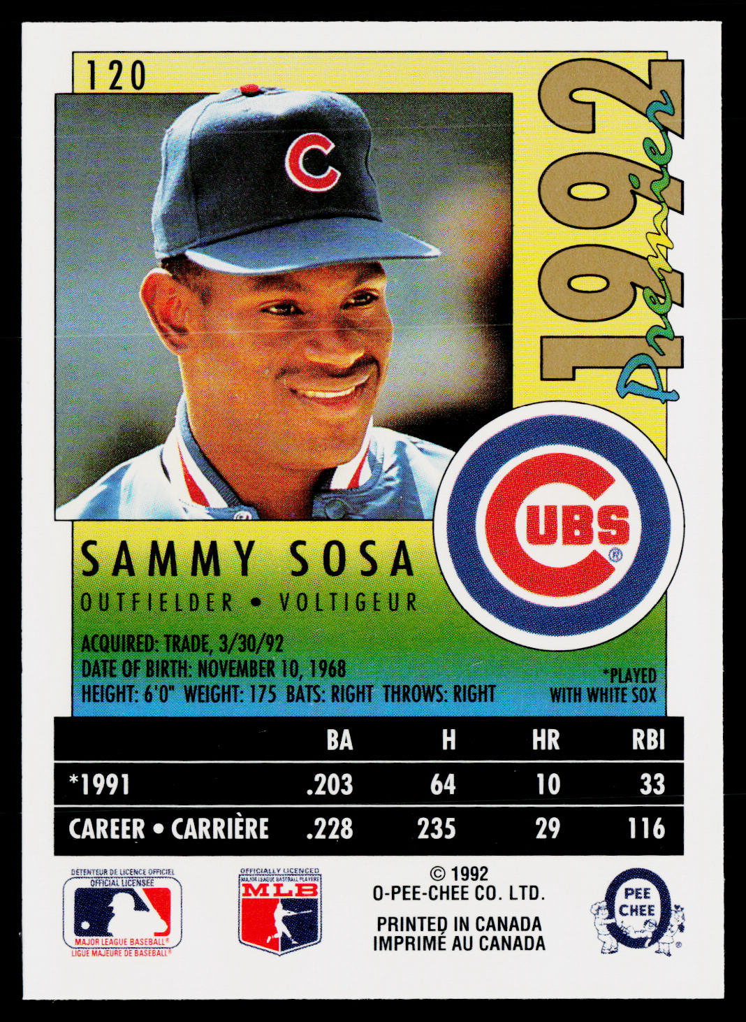 Sammy Sosa 1992 O-Pee-Chee Premier #120 Chicago Cubs