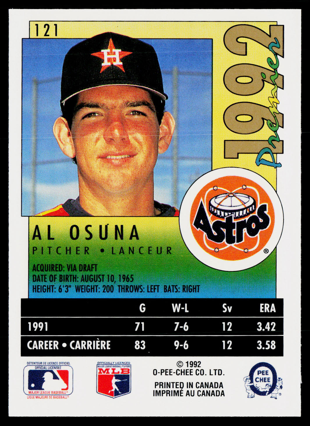 Al Osuna 1992 O-Pee-Chee Premier #121 Houston Astros