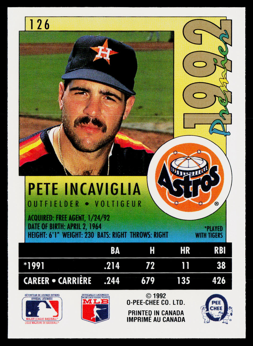 Pete Incaviglia 1992 O-Pee-Chee Premier #126 Houston Astros