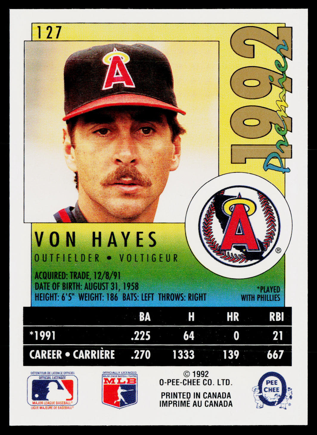 Von Hayes 1992 O-Pee-Chee Premier #127 California Angels