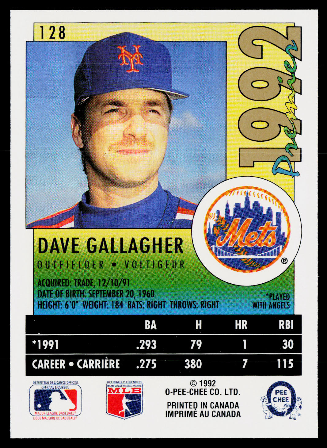 Dave Gallagher 1992 O-Pee-Chee Premier #128 New York Mets