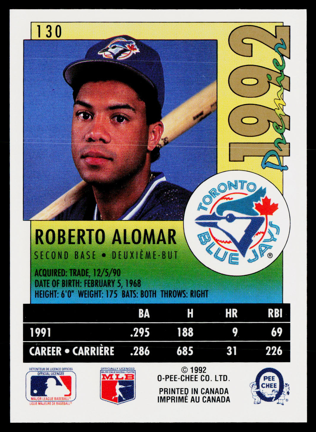 Roberto Alomar 1992 O-Pee-Chee Premier #130 Toronto Blue Jays