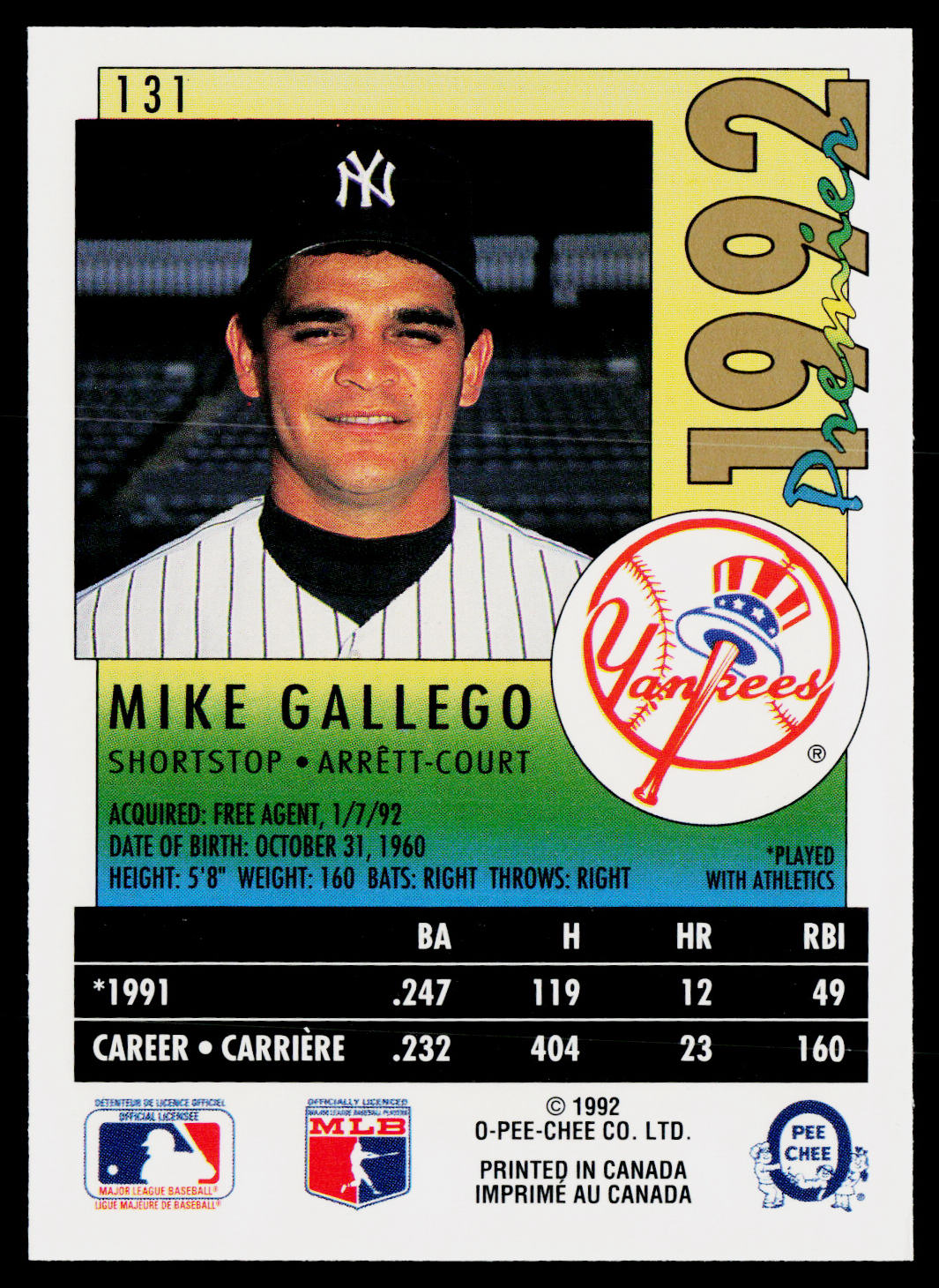 Mike Gallego 1992 O-Pee-Chee Premier #131 New York Yankees