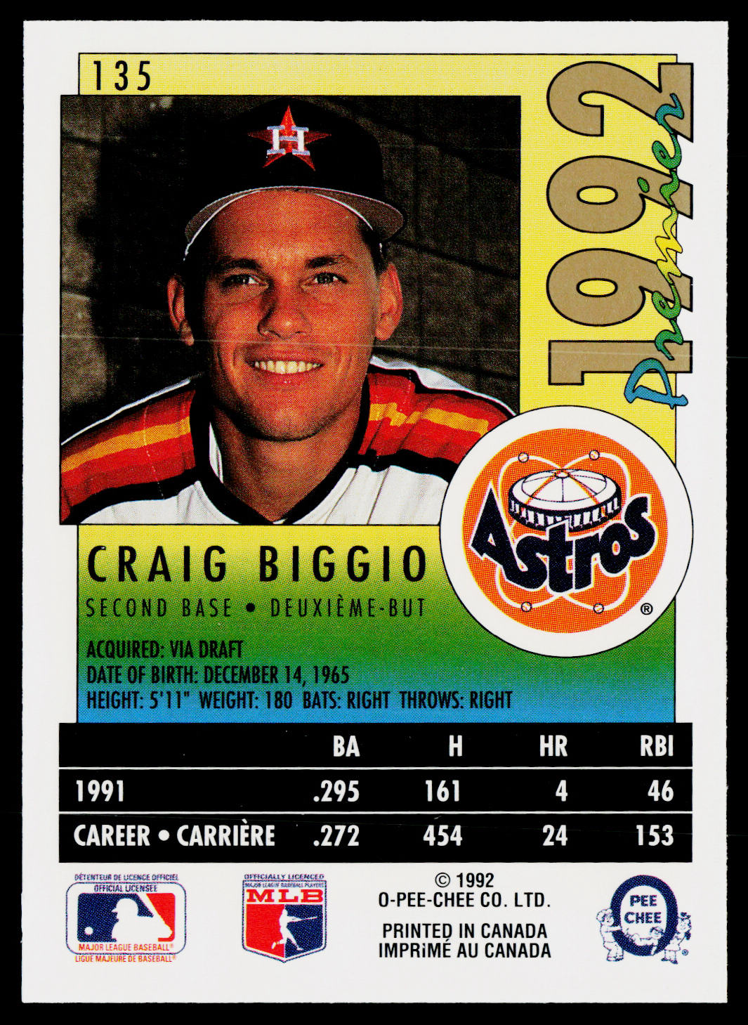 Craig Biggio 1992 O-Pee-Chee Premier #135 Houston Astros
