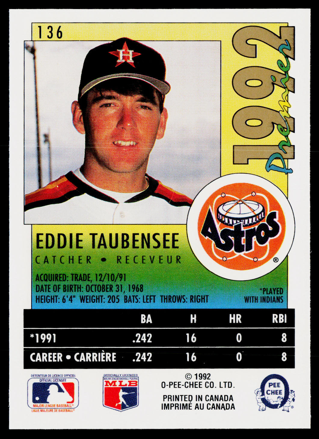 Eddie Taubensee 1992 O-Pee-Chee Premier #136 Houston Astros