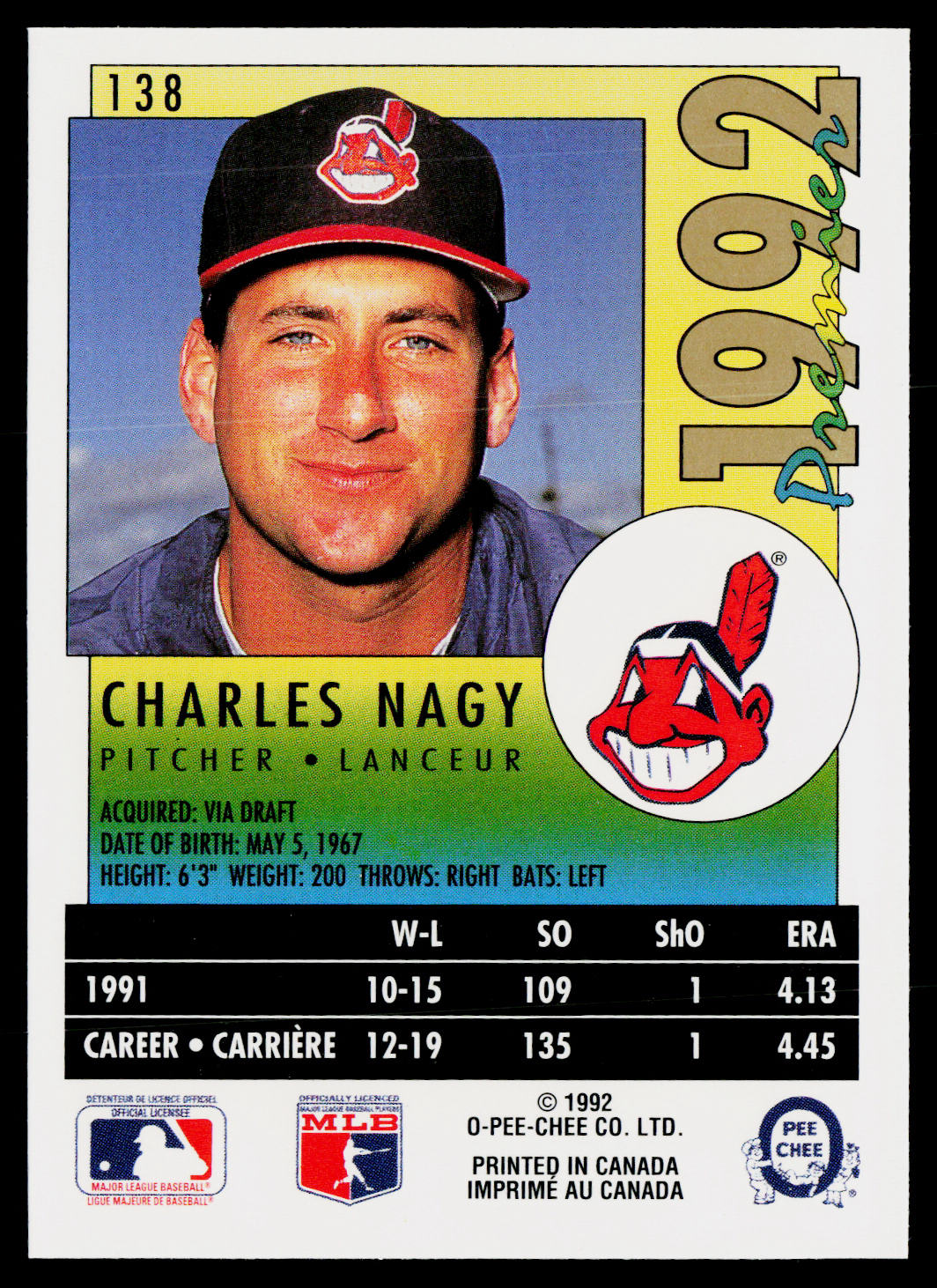 Charles Nagy 1992 O-Pee-Chee Premier #138 Cleveland Indians