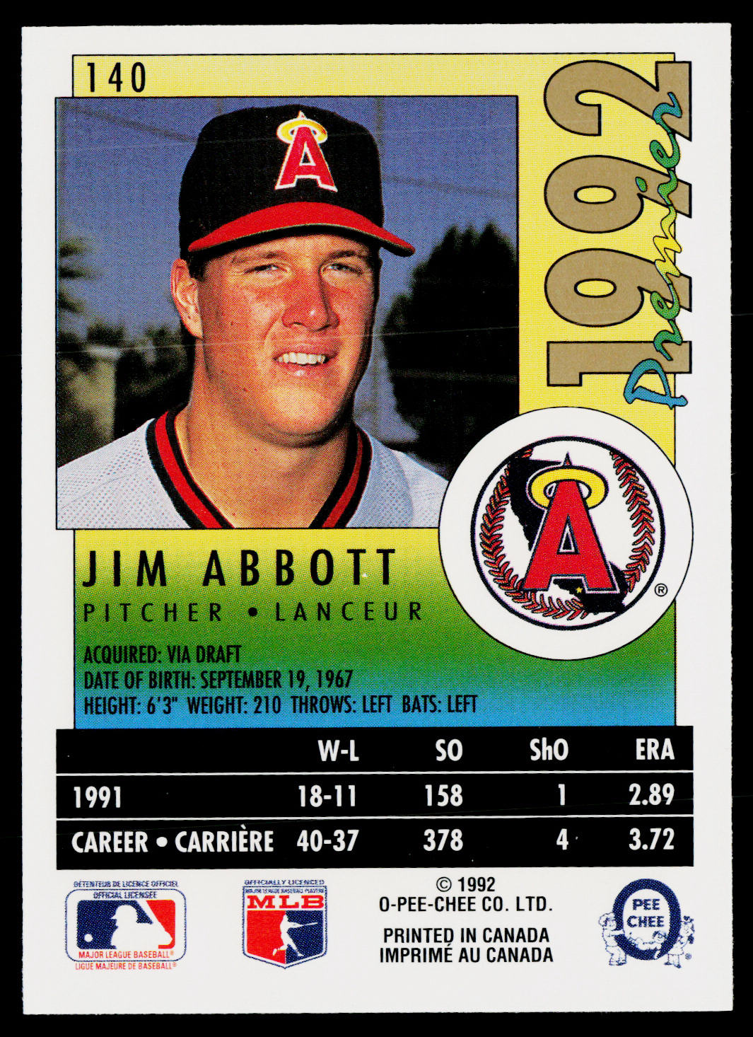 Jim Abbott 1992 O-Pee-Chee Premier #140 California Angels