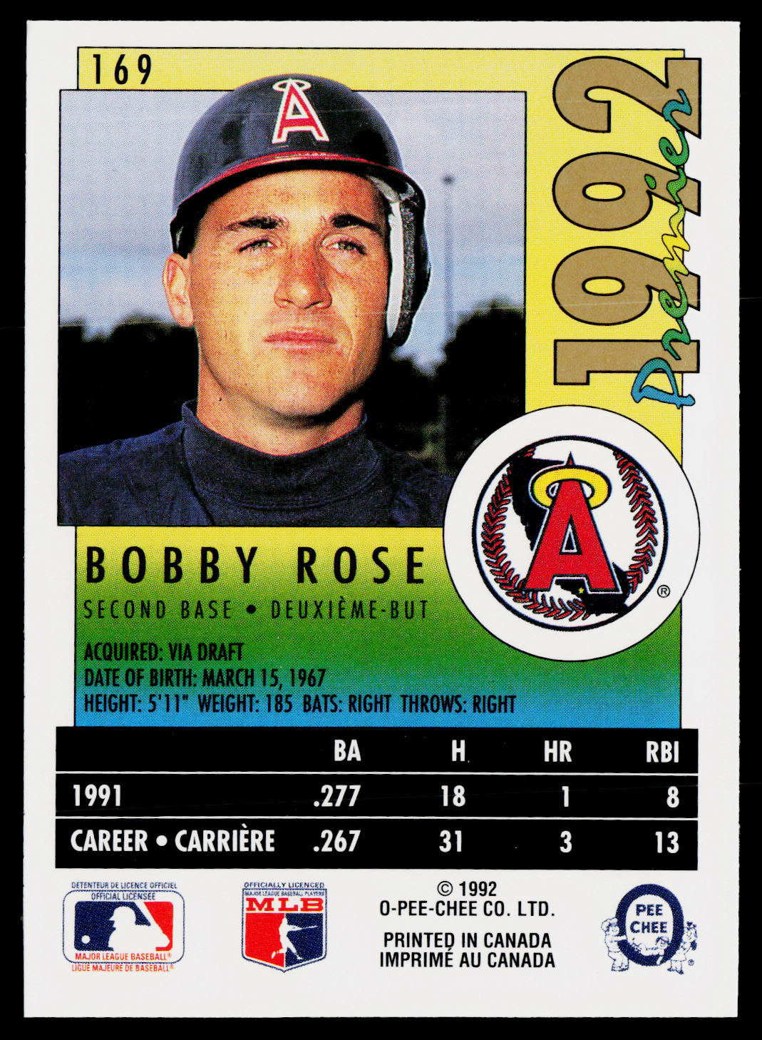 Bobby Rose 1992 O-Pee-Chee Premier #169 California Angels