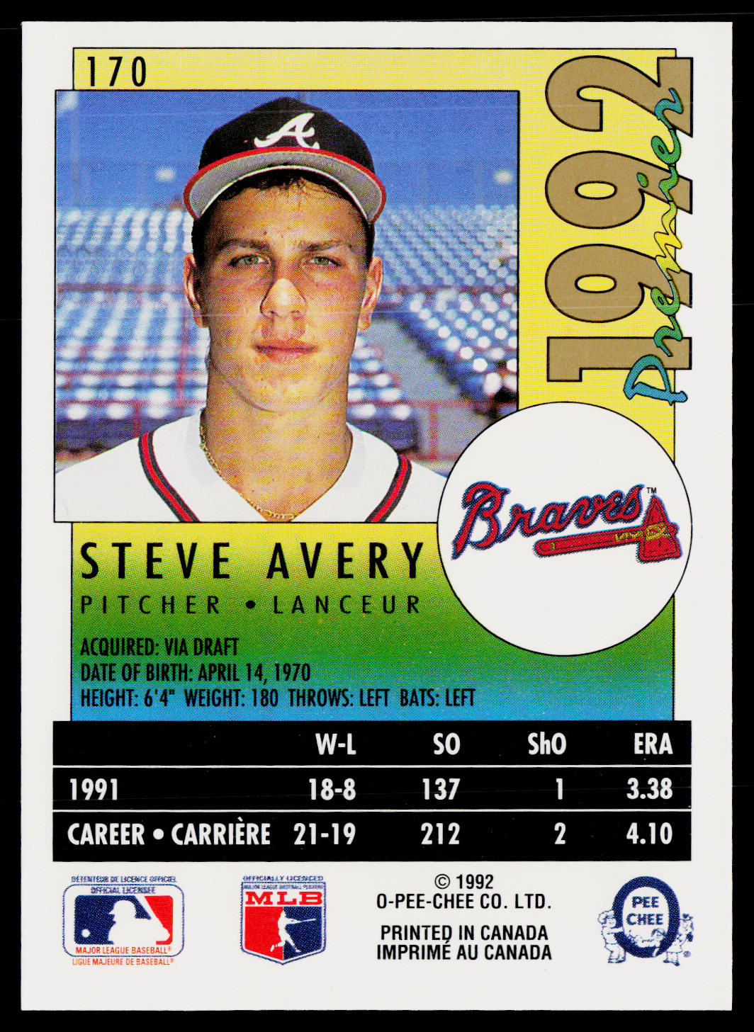 Steve Avery 1992 O-Pee-Chee Premier #170 Atlanta Braves