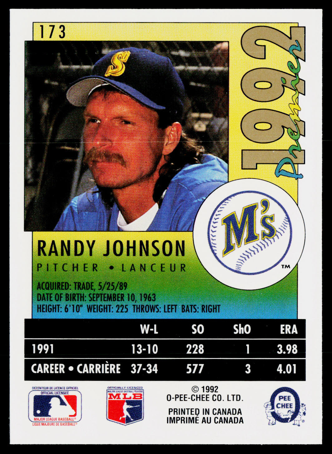 Randy Johnson 1992 O-Pee-Chee Premier #173 Seattle Mariners