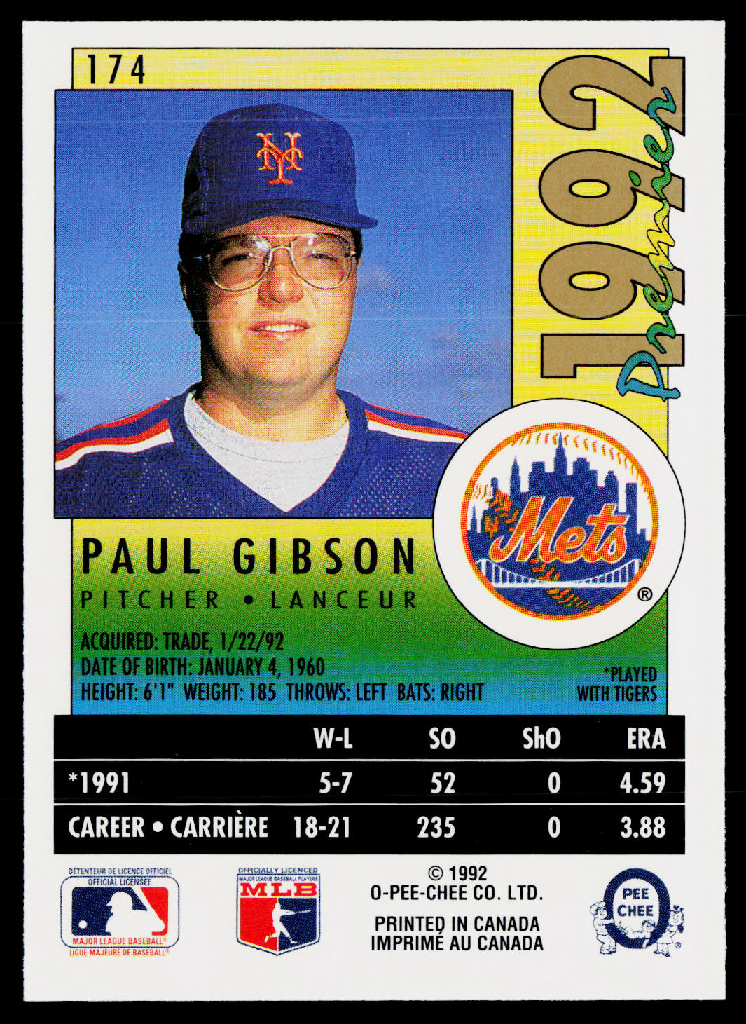 Paul Gibson 1992 O-Pee-Chee Premier #174 New York Mets