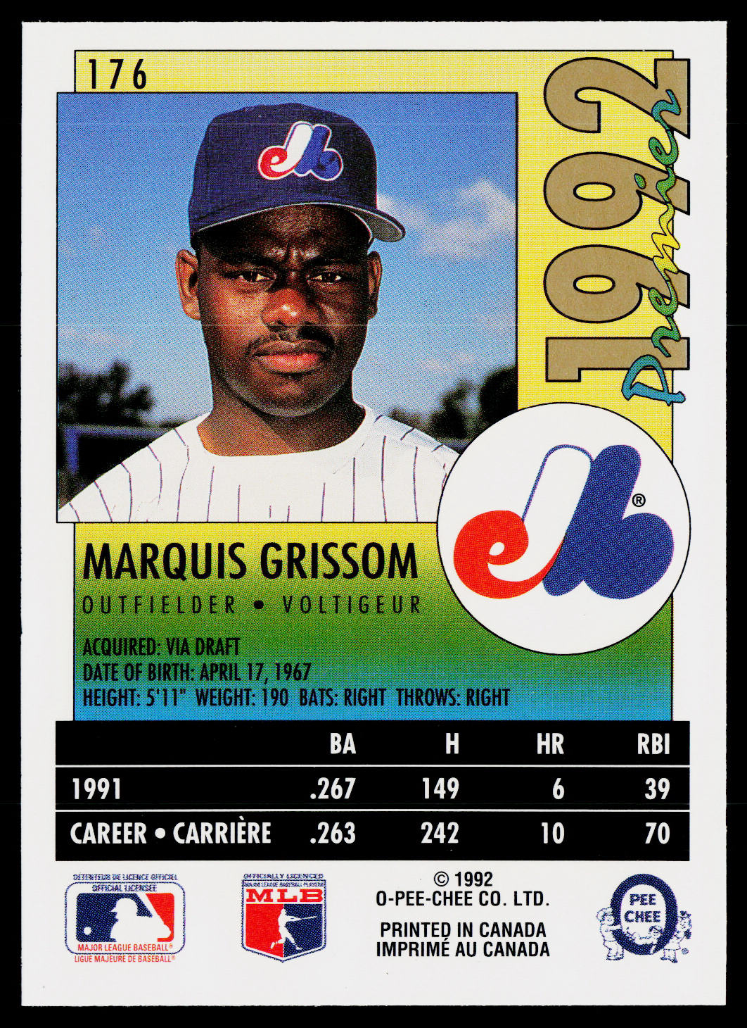 Marquis Grissom 1992 O-Pee-Chee Premier #176 Montreal Expos
