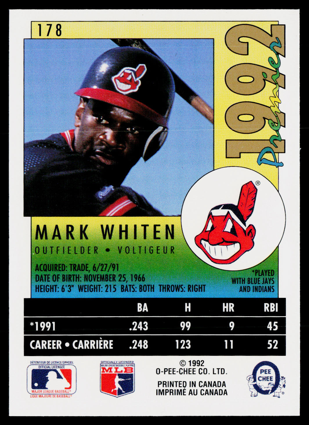 Mark Whiten 1992 O-Pee-Chee Premier #178 Cleveland Indians
