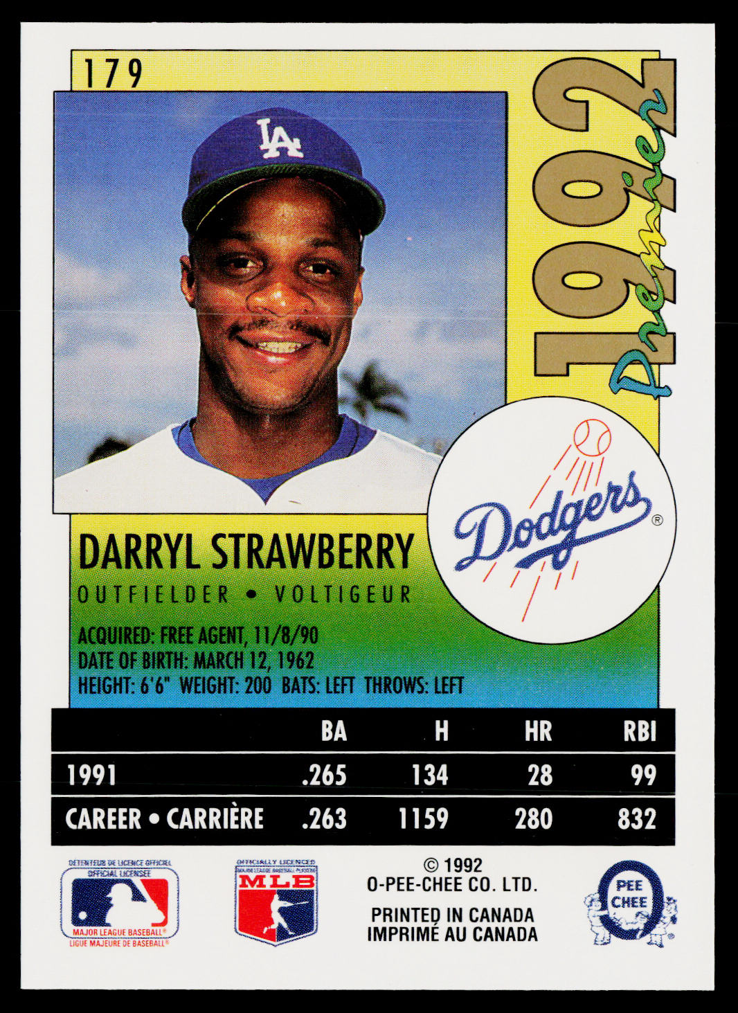 Darryl Strawberry 1992 O-Pee-Chee Premier #179 Los Angeles Dodgers