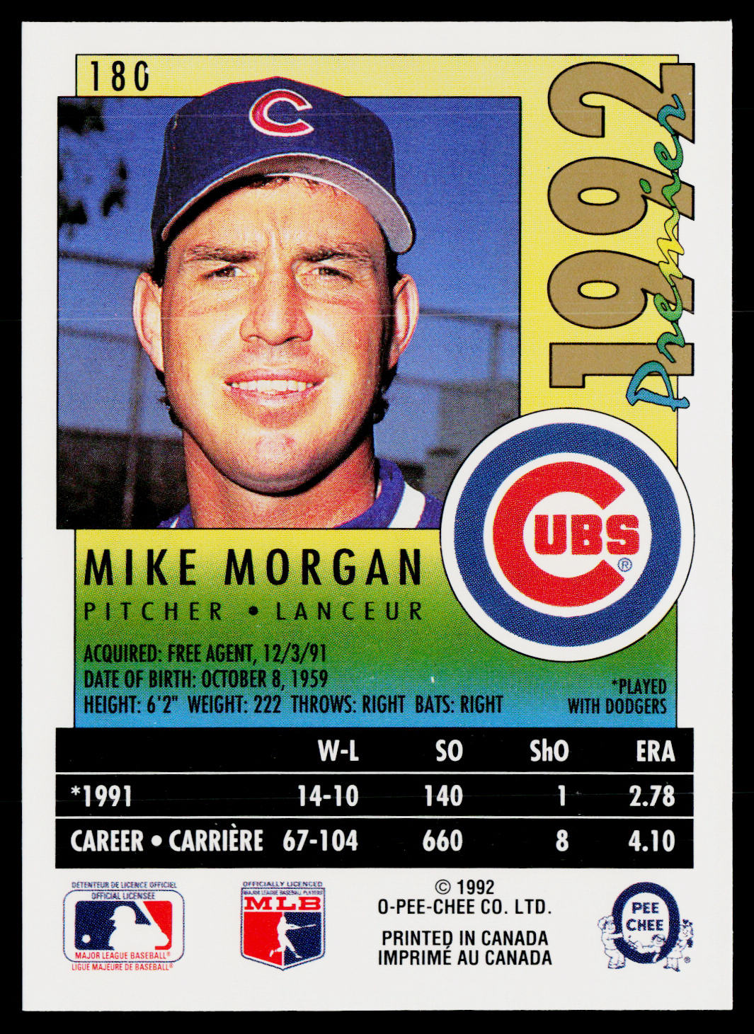 Mike Morgan 1992 O-Pee-Chee Premier #180 Chicago Cubs