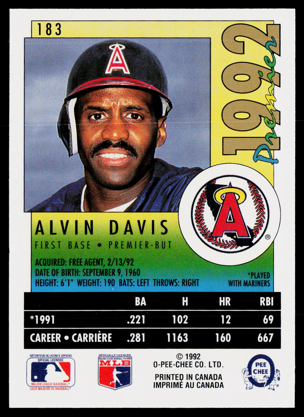 Alvin Davis 1992 O-Pee-Chee Premier #183 California Angels