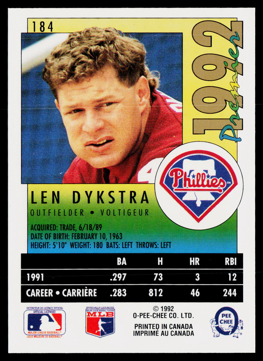Len Dykstra 1992 O-Pee-Chee Premier #184 Philadelphia Phillies