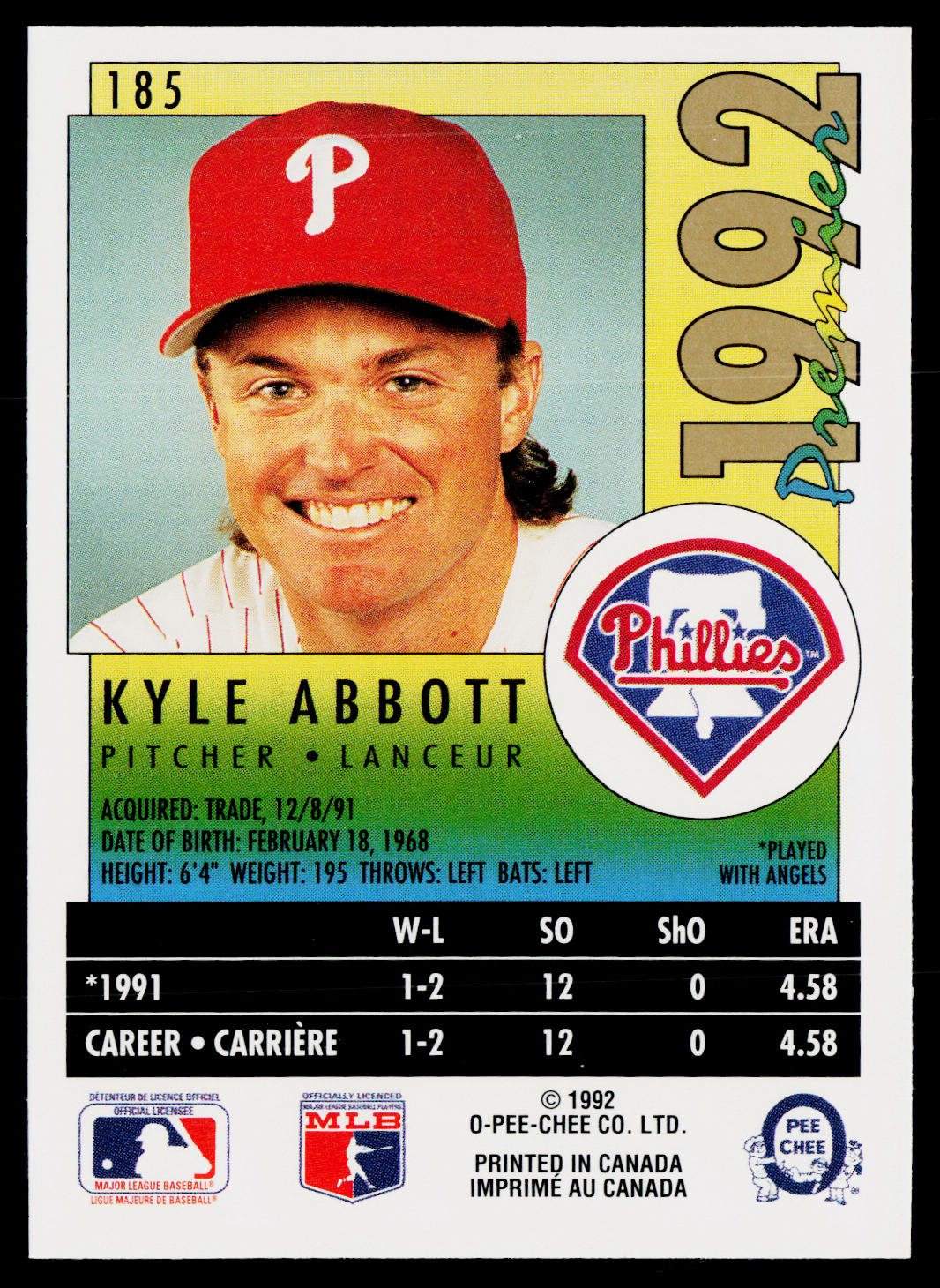 Kyle Abbott 1992 O-Pee-Chee Premier #185 Philadelphia Phillies