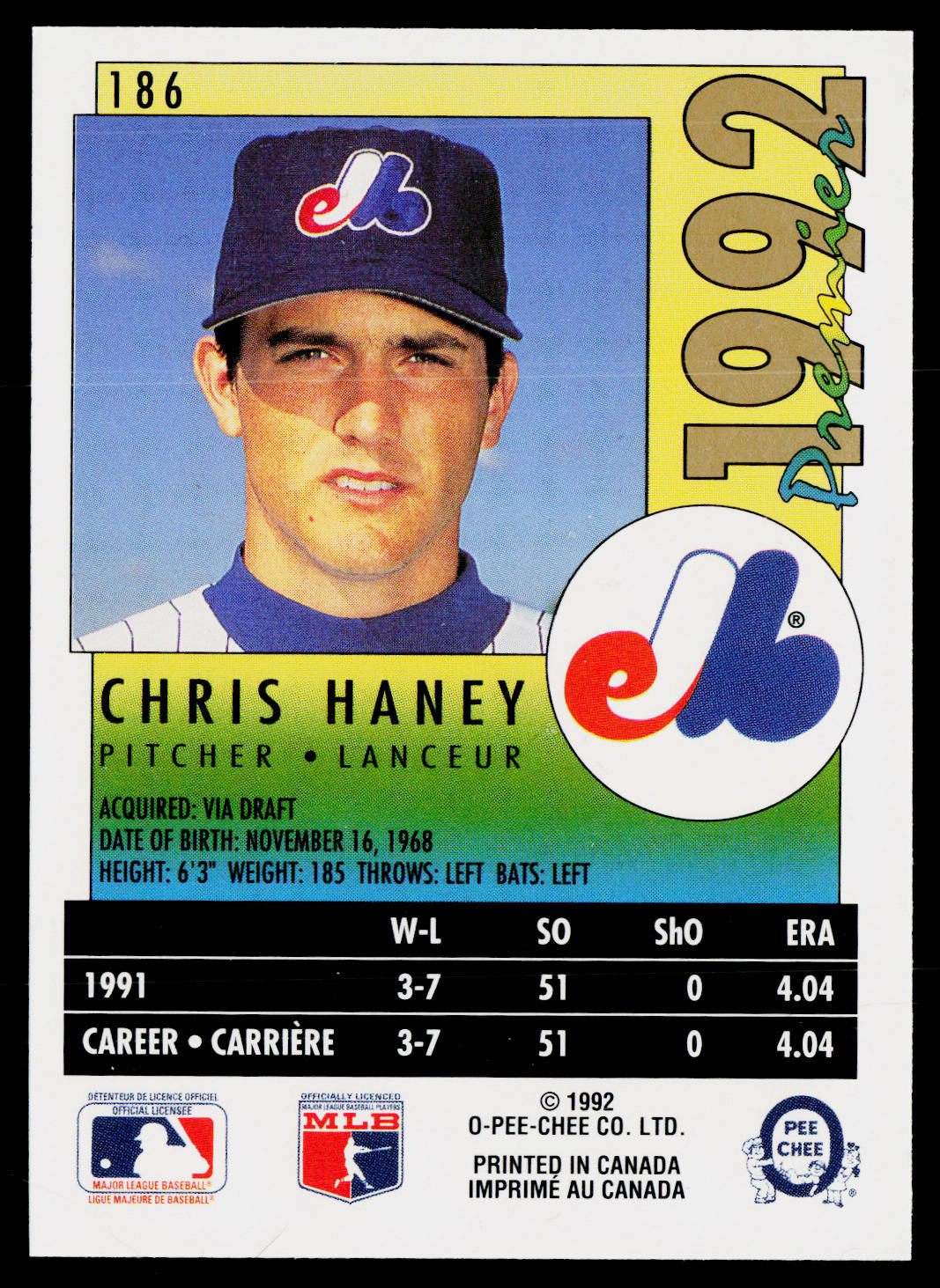 Chris Haney 1992 O-Pee-Chee Premier #186 Montreal Expos
