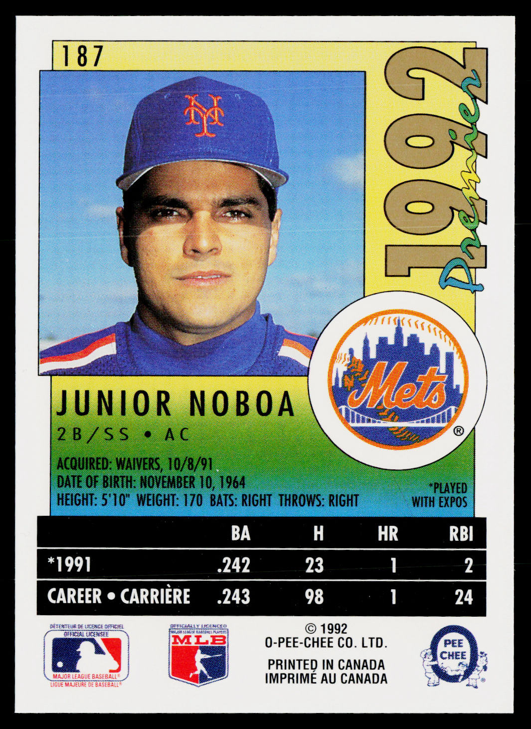 Junior Noboa 1992 O-Pee-Chee Premier #187 New York Mets