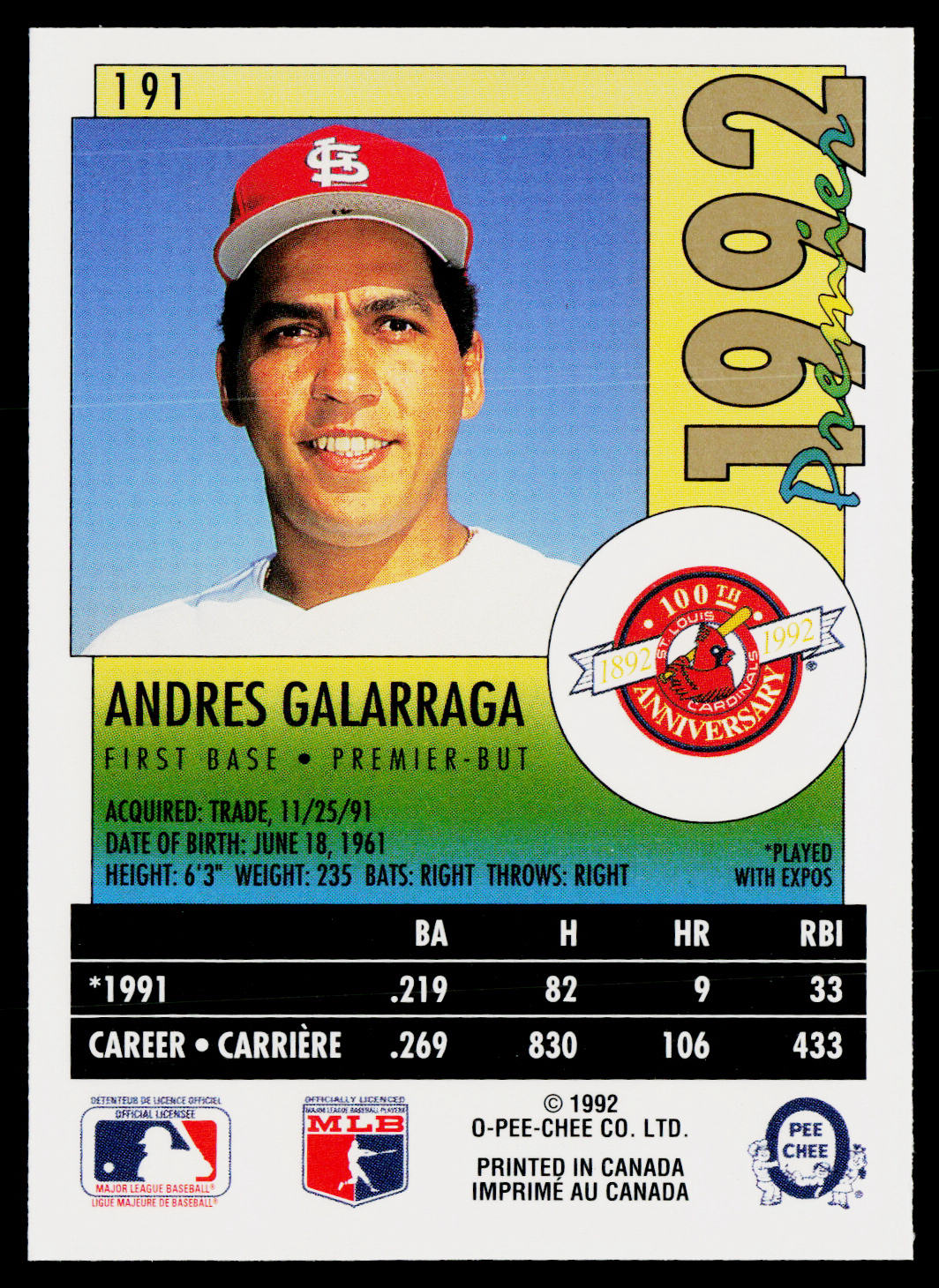 Andres Galarraga 1992 O-Pee-Chee Premier #191 St. Louis Cardinals