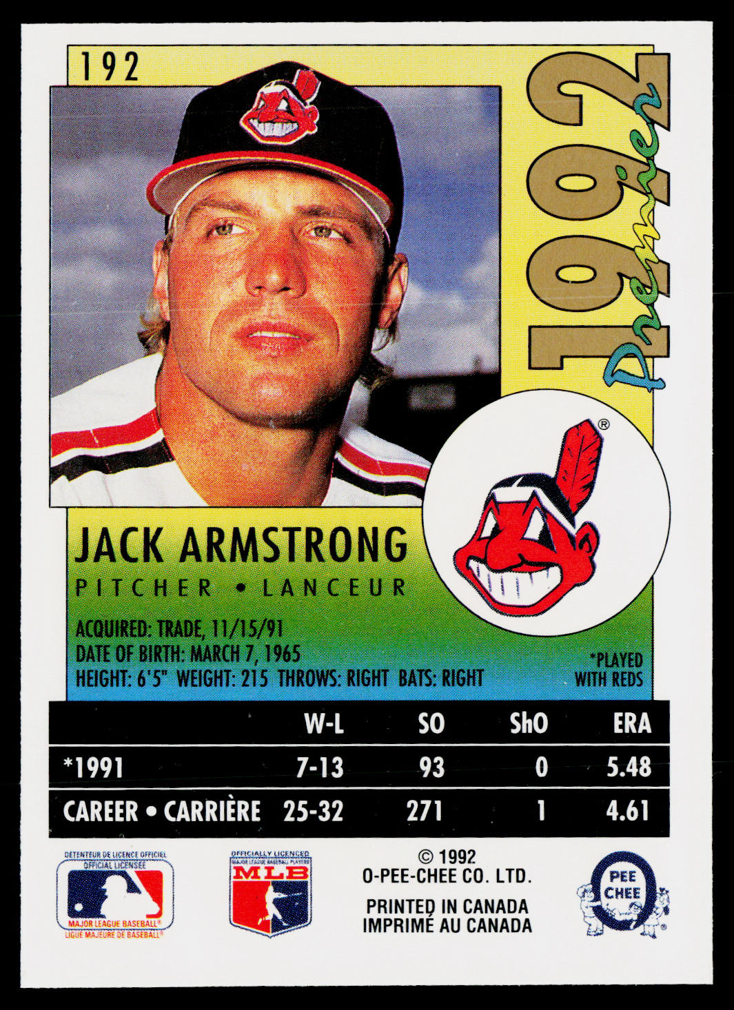 Jack Armstrong 1992 O-Pee-Chee Premier #192 Cleveland Indians