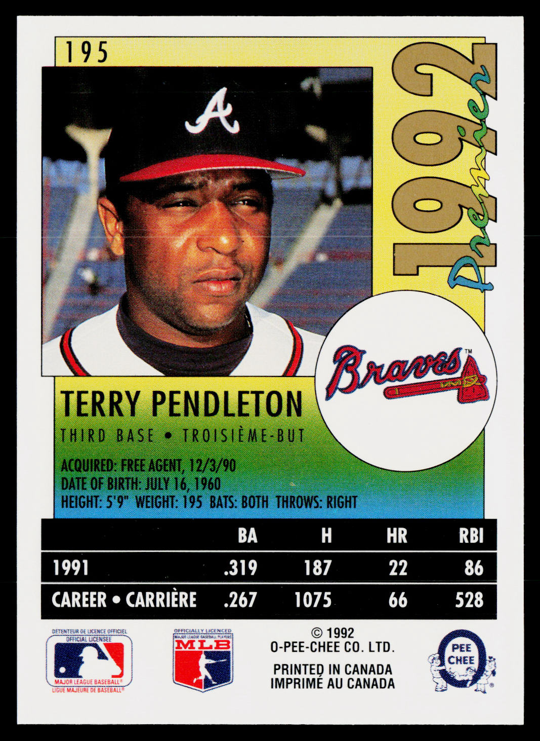 Terry Pendleton 1992 O-Pee-Chee Premier #195 Atlanta Braves