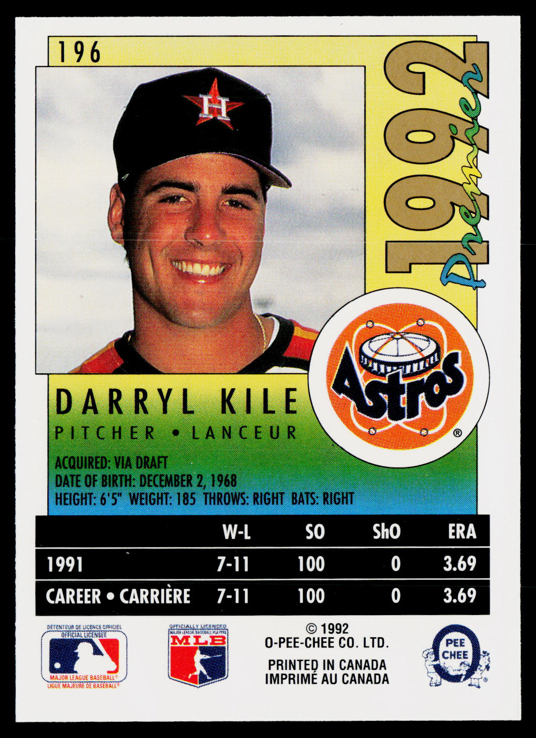 Darryl Kile 1992 O-Pee-Chee Premier #196 Houston Astros